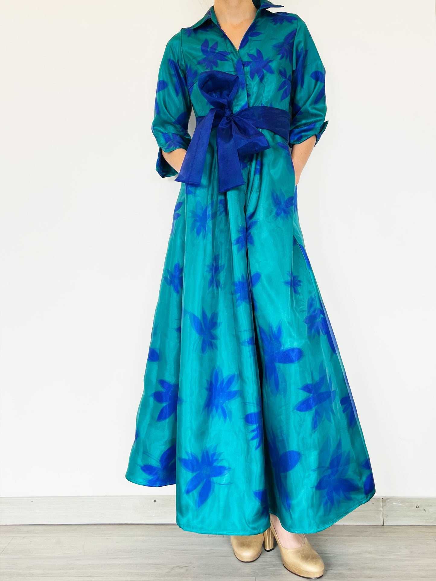 Vestido Camisero en Bicolor Agua-Azul Estampado 3D