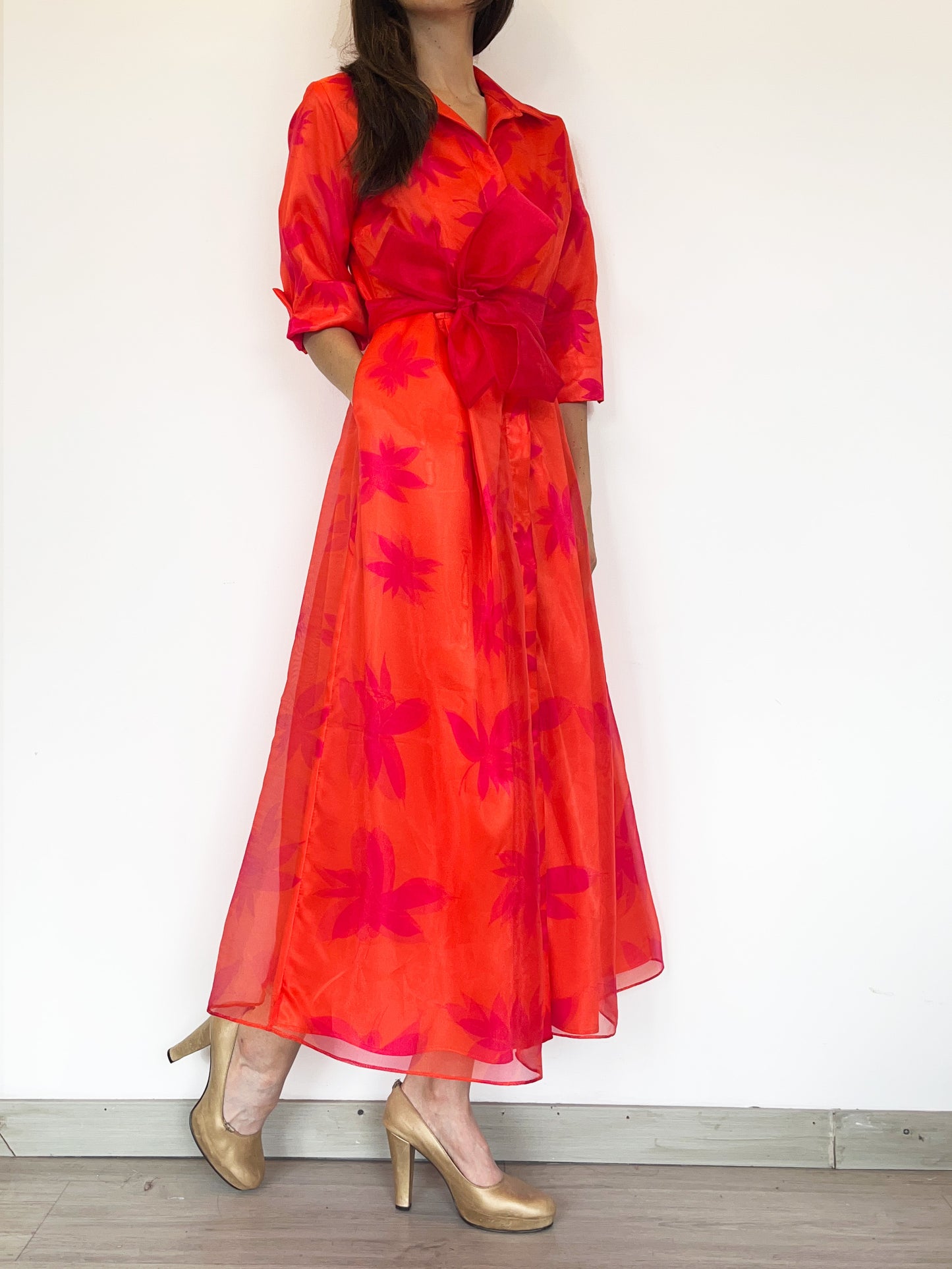 Vestido Camisero en Bicolor Fucsia-Naranja Estampado 3D