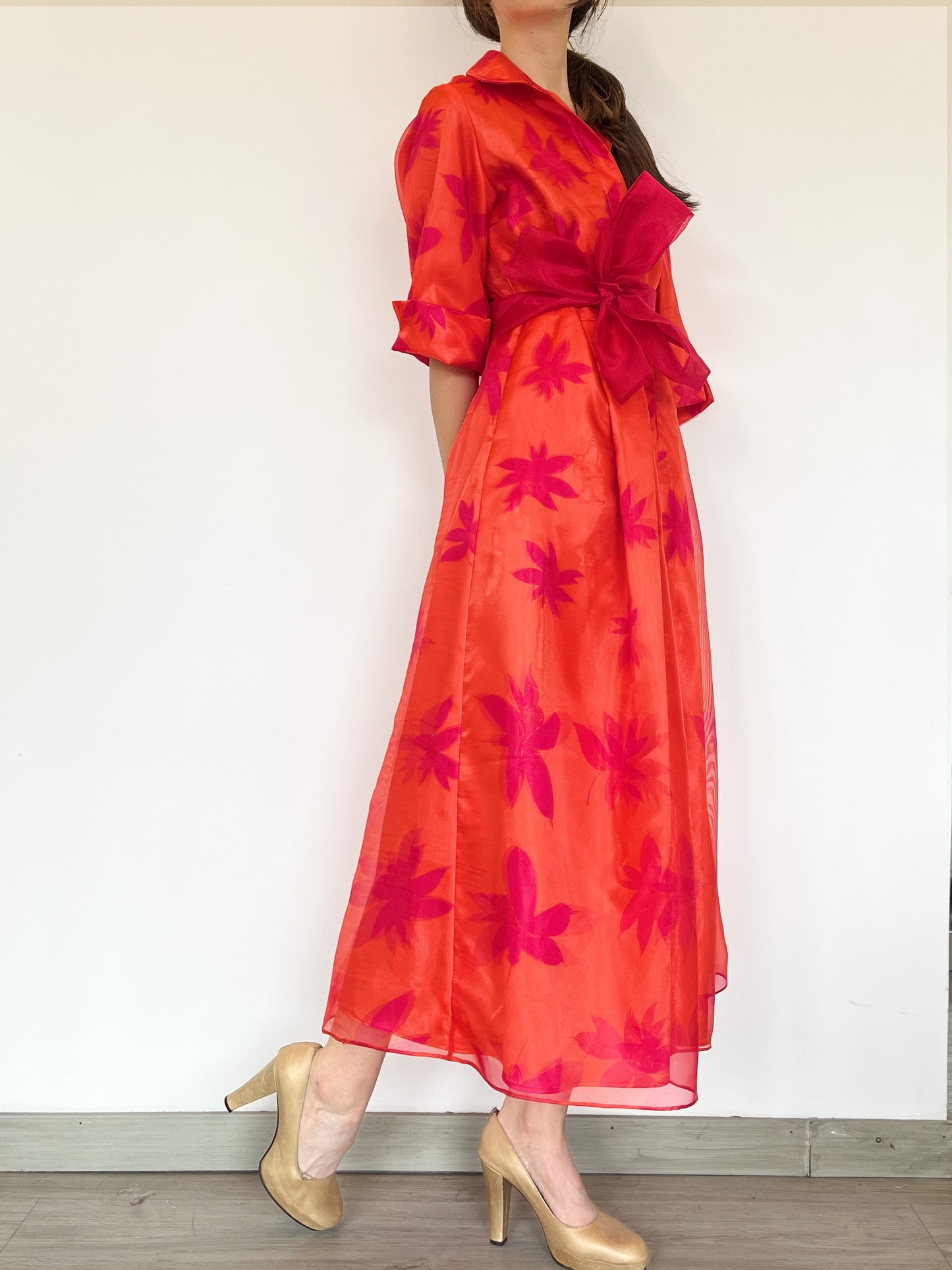 Vestido Camisero en Bicolor Fucsia-Naranja Estampado 3D
