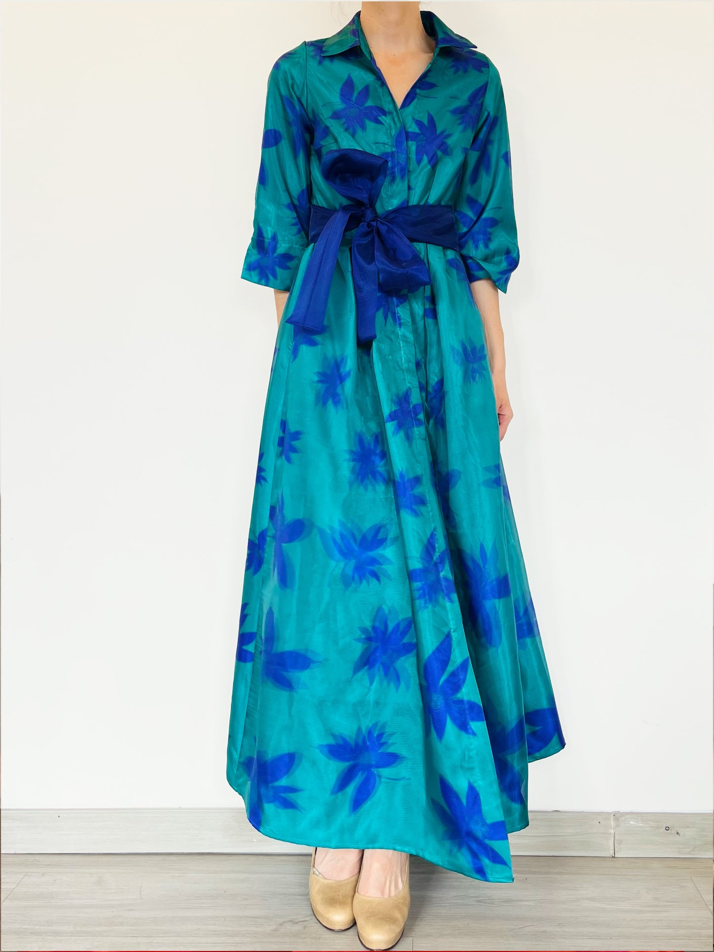 Vestido Camisero en Bicolor Agua-Azul Estampado 3D
