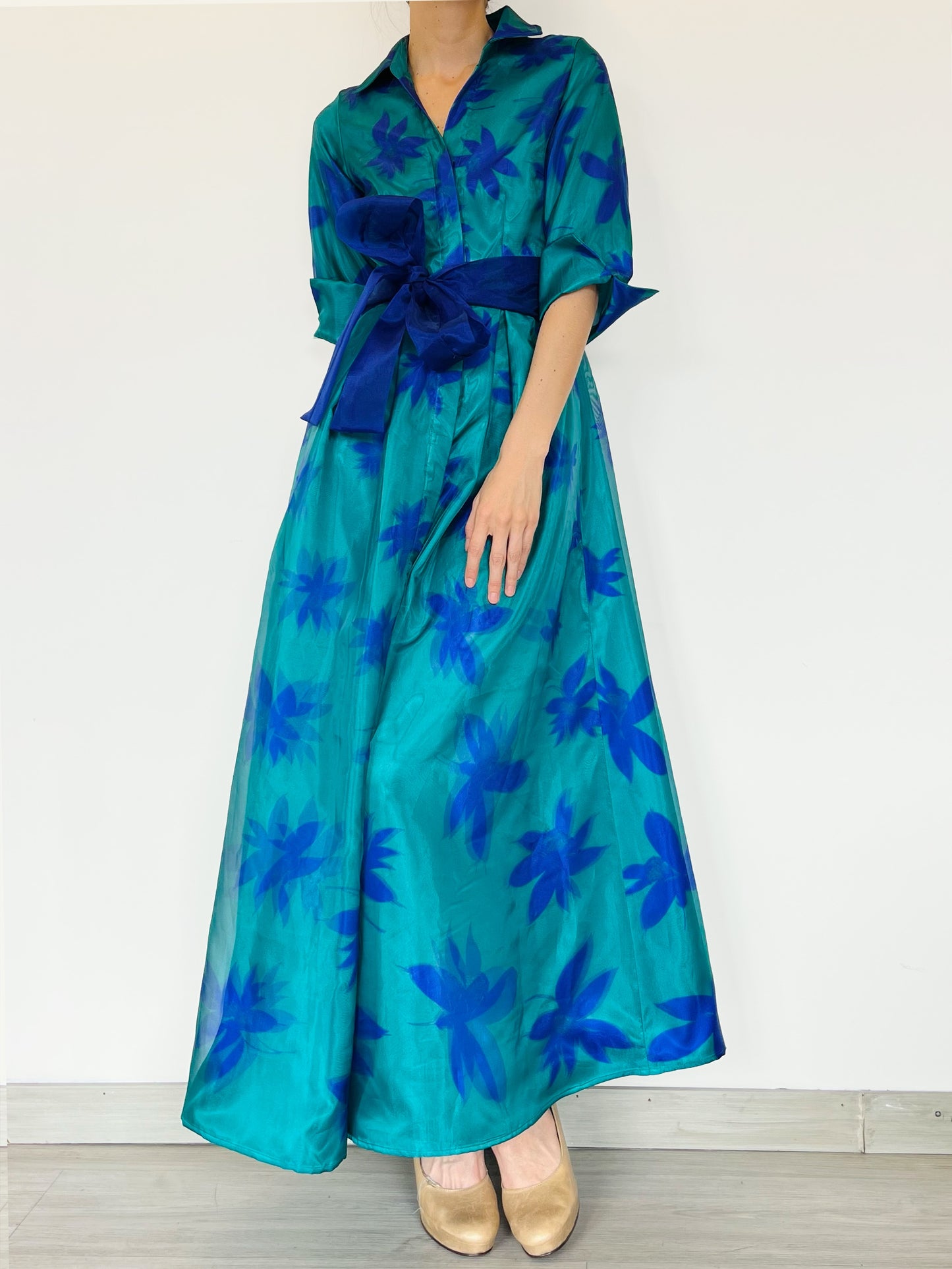 Vestido Camisero en Bicolor Agua-Azul Estampado 3D
