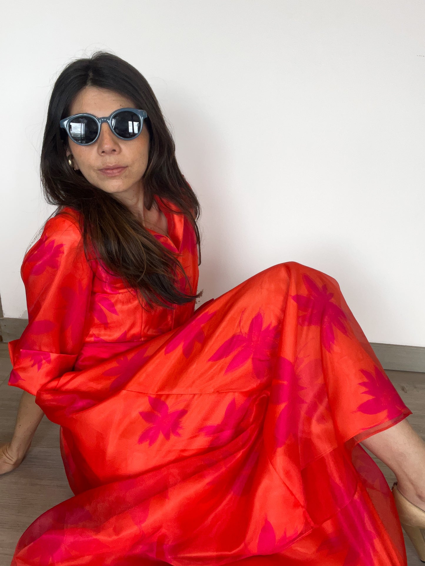 Vestido Camisero en Bicolor Fucsia-Naranja Estampado 3D
