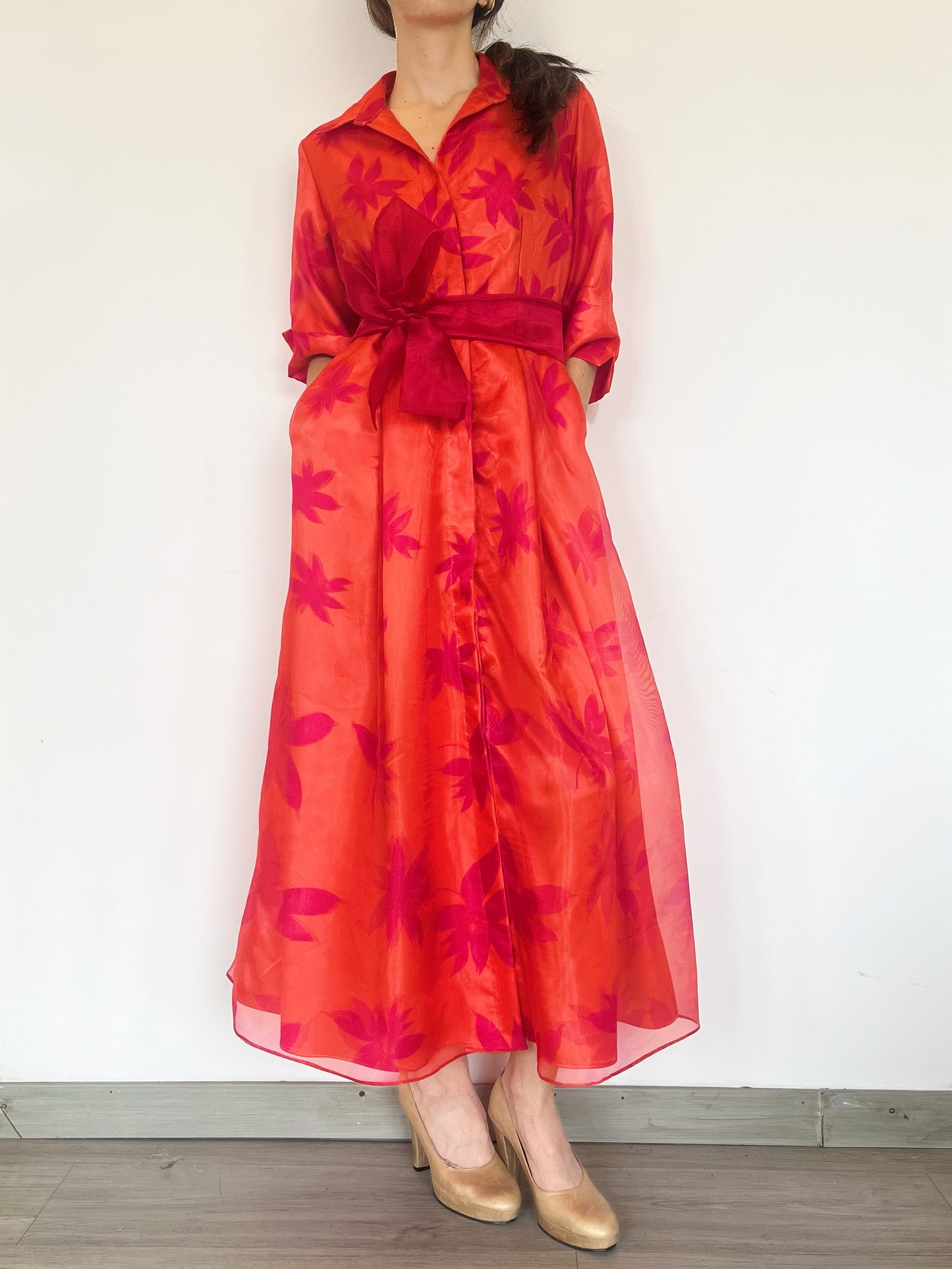 Vestido Camisero en Bicolor Fucsia-Naranja Estampado 3D